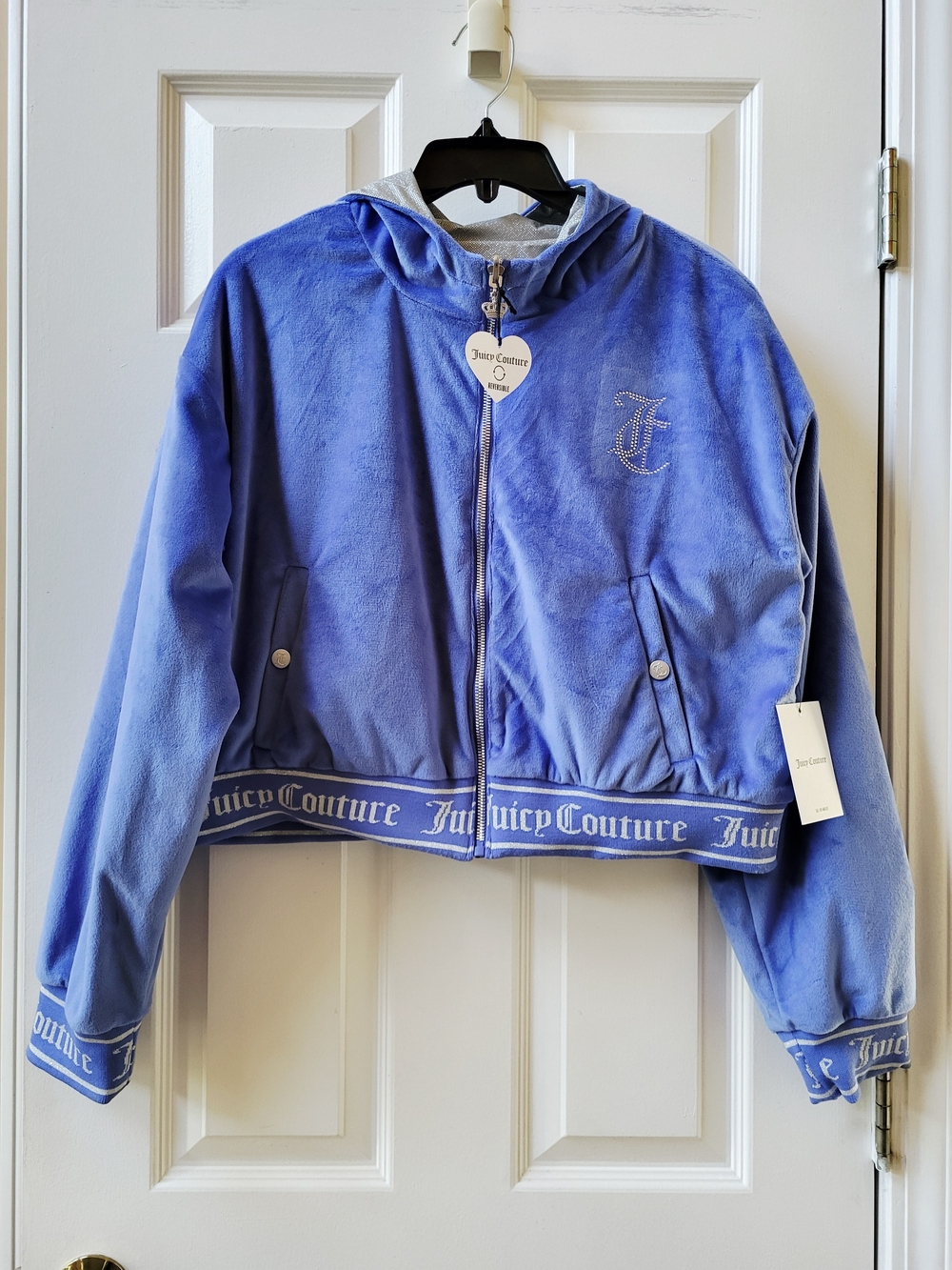 Juicy Couture Reversible Velour Jacket Women’s Sz L Blue/Silver Hooded Full Zip
